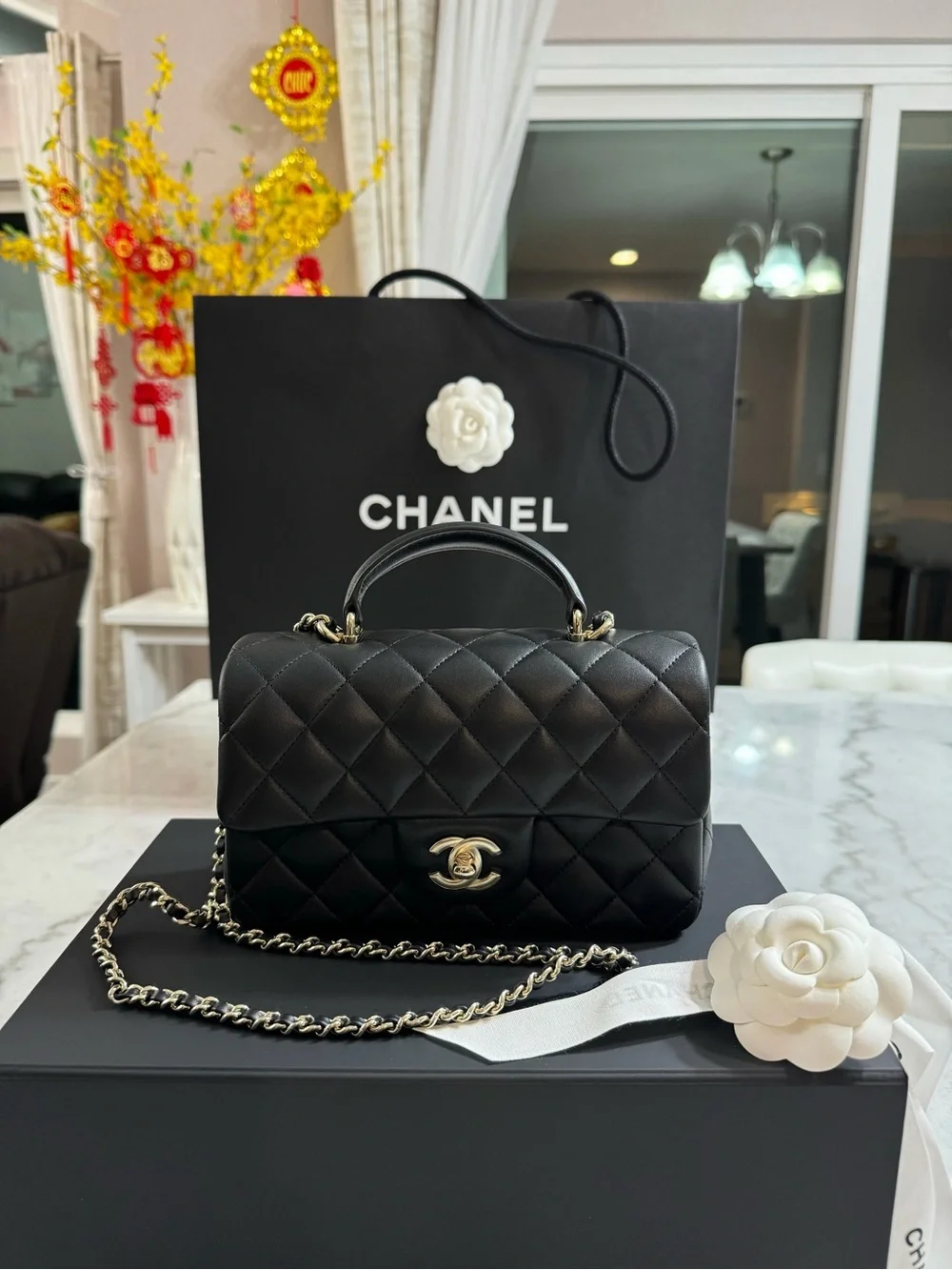 CHANEL Black Flapbag with handle mini size